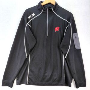 PING Wisconsin Badgers Mens Large Black Ranger 1/4 Zip Performance Golf Pullover